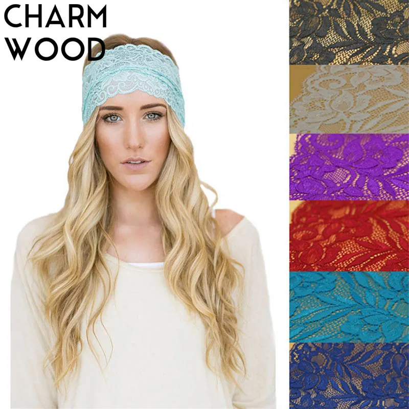 

CHARM WOOD Women Lace Wide Elastic Headband Summer Fashion Breathable Boho Hairband for Girls Turban Knitted Spa Head Band JC078