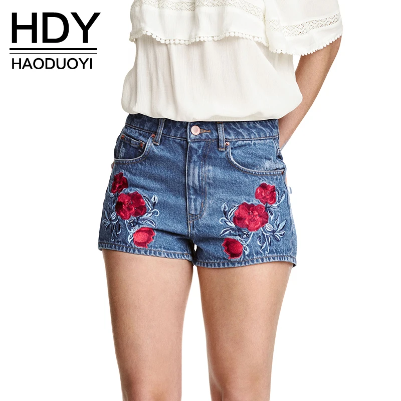 HDY Haoduoyi синие потертые Цветные Короткие джинсы с цветочной вышивкой и карманами, джинсовые короткие штаны, повседневные узкие шорты