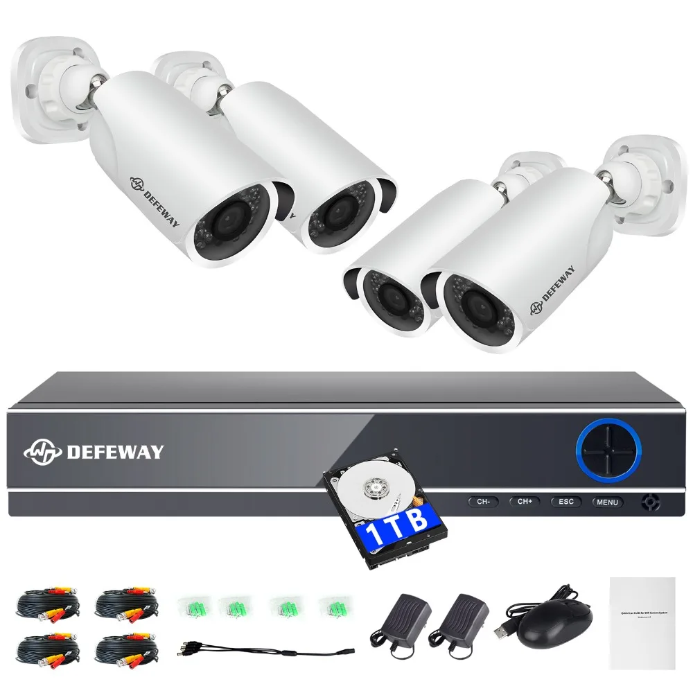 DEFEWAY 1080P 2000TVL HD Home Security Camera System 4CH CCTV Video Surveillance DVR Kit AHD 4 Camera Set with 1000G Hard Stick