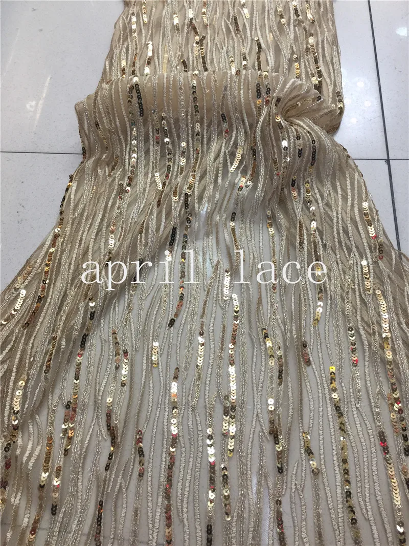 

5yards N004 good quality nice dobby gold beads sequin embroidery net mesh lace fabric for evening dress/wedding