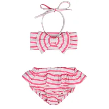 Детская одежда для малышей полосатые футболки для девочек с оборками и бантом Купальники Купальник на бретельках ванный комплект бикини комплект танкини купальник Летний купальный костюм