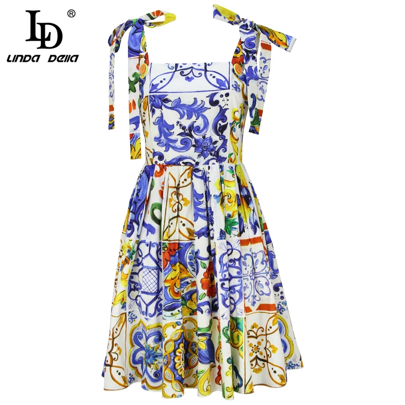 LD LINDA делла модное подиумное летнее платье, женское платье с бантом на бретельках, с открытой спиной, повседневное, с цветочным принтом, мини Хлопковое платье