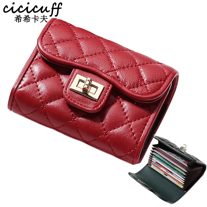 

CICICUFF Women's Multi-card Plaid Credit Card Holder Sheepskin Genuine Leather Business Card Bag ID Holders Ladies 5 Colors