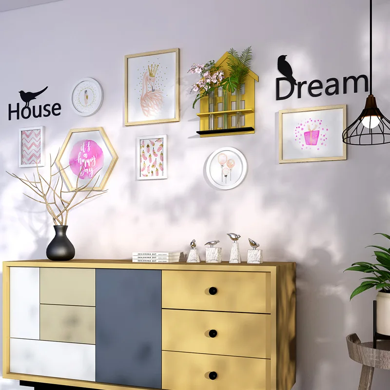 

Collage 7pcs Picture Frames+Letters+Flower Arrangement Shelf Home Office Decorations Photo Frame Set Wooden Frames for Photos