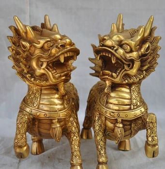 

zmrui wholesale factory 9" Chinese Pure Brass Guardian Protect Cai Fu Dragon Kylin Unicorn Statue Pair 25% off