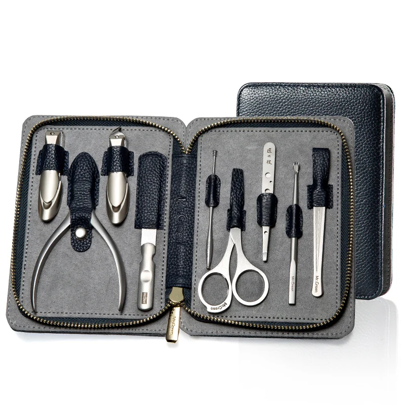 

MR.GREEN High quality Stainleess Steel grooming kit 9 in 1 nail clipper set Cowhide package Manicure nail care good gift
