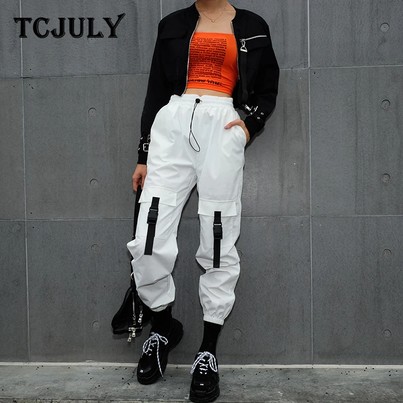 Женские брюки с высокой талией TCJULY Harajuku повседневные белые карманами весна