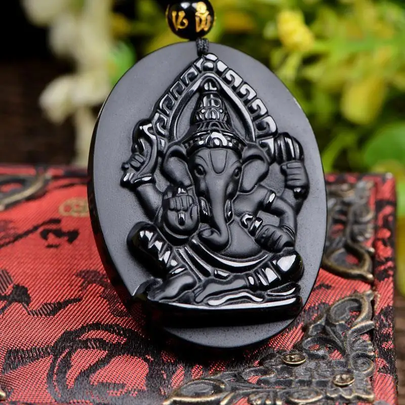 

Obsidian Elephant Ganesha Amulet pendant Necklace Beaded Adjustable Chain