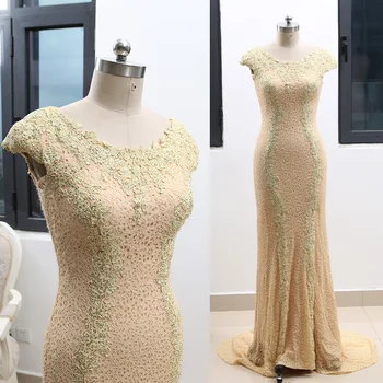 

Light Yellow Sweep Train Scoop Neck Floor-Length Embroidery Lace Prom Party Formal Evening Dress L 264278