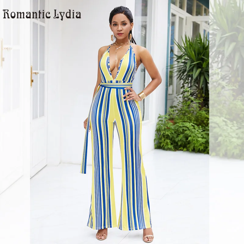 striped backless jumpsuit