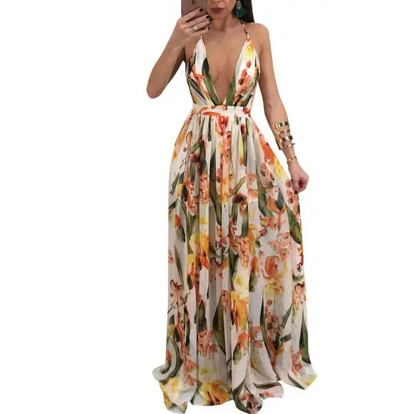 Женское шифоновое платье без рукавов Boho длинное с глубоким v образным вырезом и