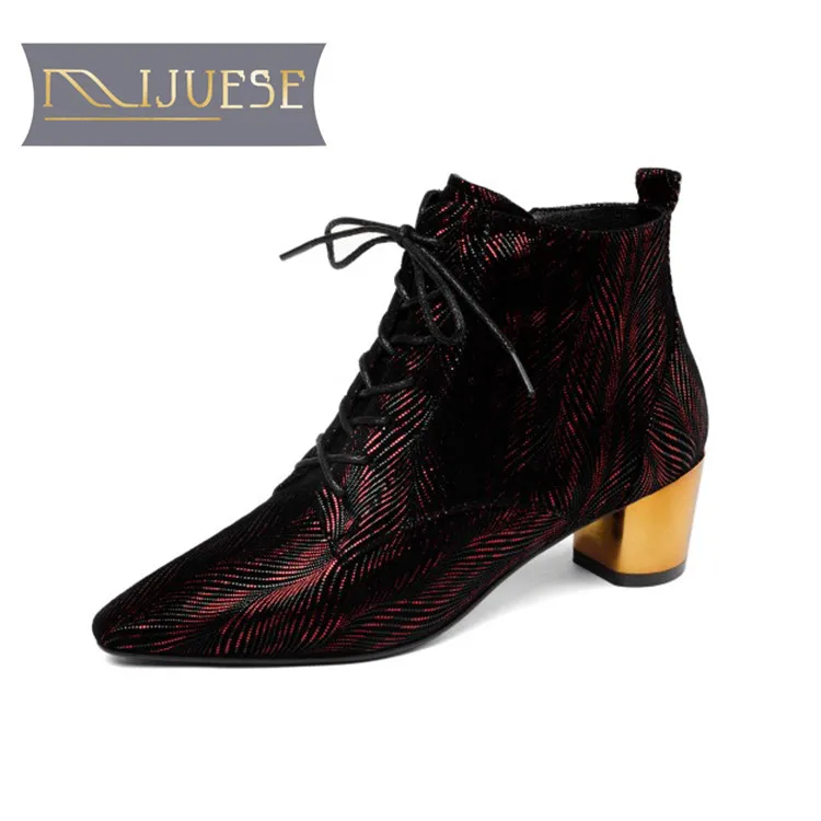 

MLJUESE 2019 women ankle boots cow leather lace up gun color pointed toe winter warm fur boots high heels women boots size 33-43
