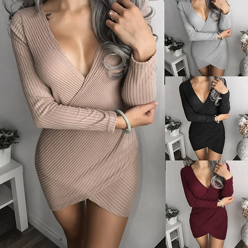 

Women's casual solid color Korean fashion elegant long-sleeved summer V-neck bump striped knit tight high-quality dress