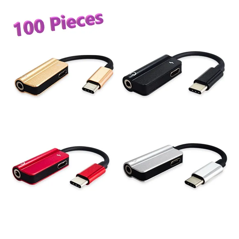 100pcs wholesale bundle 2 in 1 Type C To 3 5mm Jack AUX Audio Headphone USB Adapter Charger Cable 100pieces