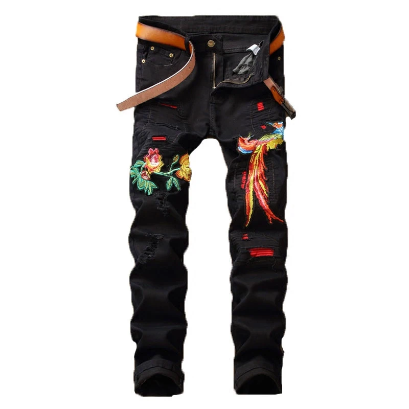 High Quality Men's Skinny Black Jeans New Fashion Men Spring Embroidery Denim Jeans Men Holes Slim Long Jeans