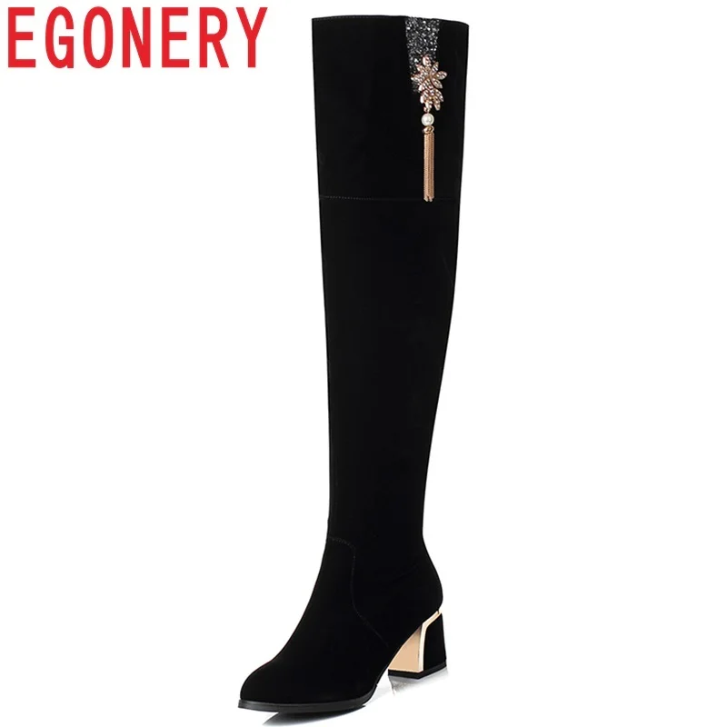 

EGONERY size 33-43 new hot sale popular metal decoration women over knee boots winter round toe high square heel zipper shoes