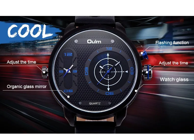 Oulm New Fashion Two Time Zone Wristwatch Big Size Genuine Leather Men's Watches LED Radar Style Male Quartz Watch
