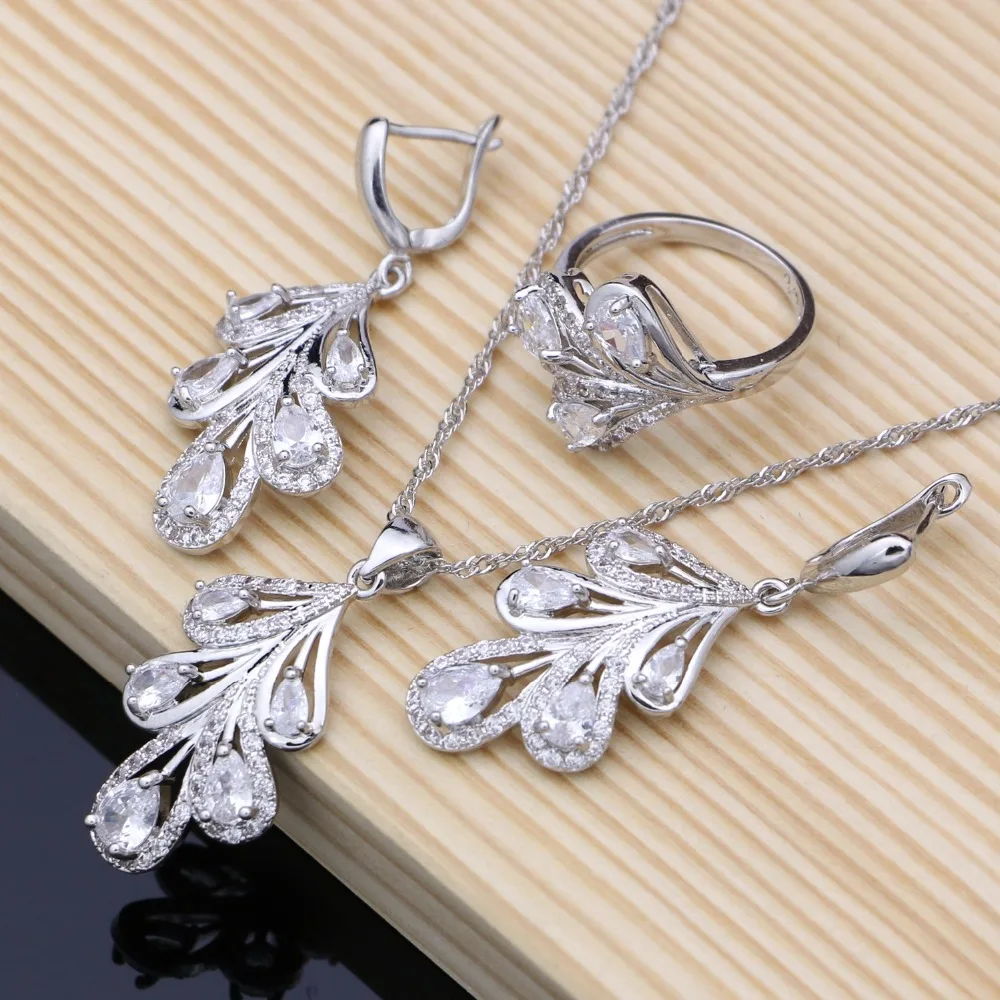 Листья 925 серебряные свадебные ювелирные наборы белый циркон серьги с камнями браслет ожерелье набор для женщин подарок на год