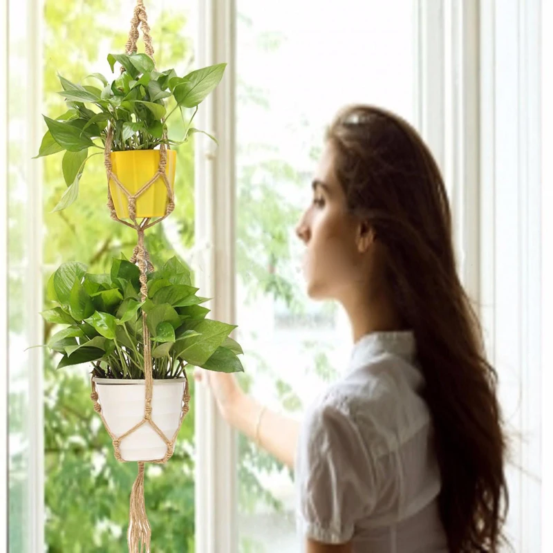 125cm Macrame Plant Hanger Basket Flowerpot Plant Holder Macrame Hanging Vintage Knotted Lifting Rope Garden Home Decoration