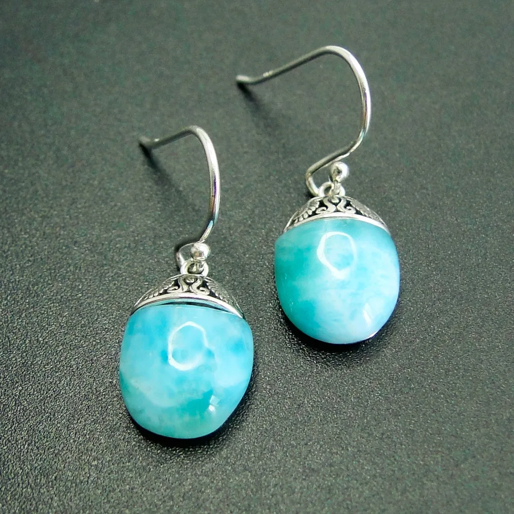 Bohemian Style 925 Sterling Silver Jewelry Earrings Natural Larimar Gemstone Drop Dangle Earrings for Woman