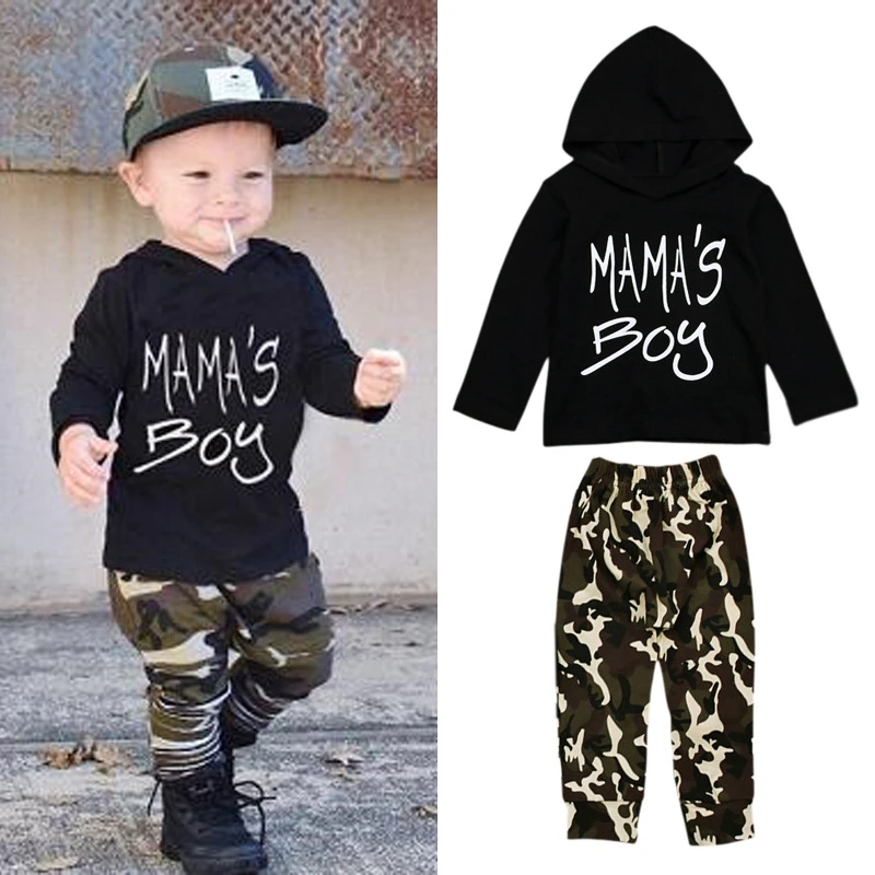 Детский весенне-осенний топ с длинными рукавами и капюшоном для мальчиков + камуфляжные штаны, комплект из двух предметов