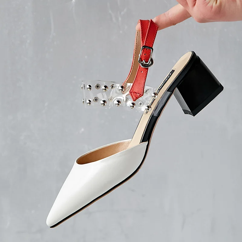 

Sexy Transparent Band with Rivets Studded Pointed toe Mixed Color Woman Shoes in Summer Casual High Square Heel Ladies Sandals