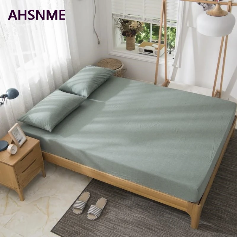AHSNME 100% Cotton sheets Super Soft parure de lit Cool Summer Simple Army Green Fitted Sheet 90x200/120x200/180x200cm 2