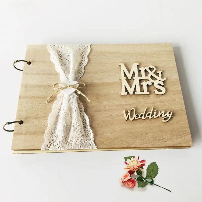 

Mr&Mrs Wedding Guest Book Rustic Wooden Signature Guestbook DIY Photo Memory Book Album Anniversary Gift 10/20/30/40 Pages