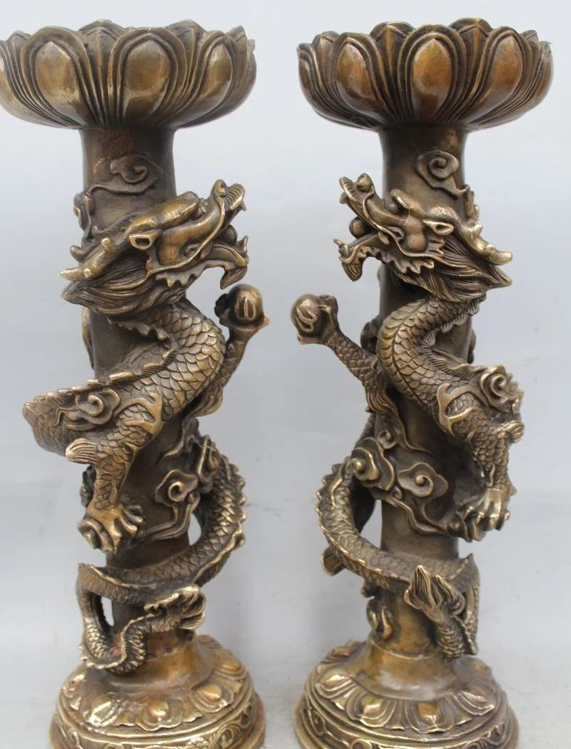 

16 Old Chinese Palace Bronze Dragon Bead Statue Candle Holder Candlestick Pair