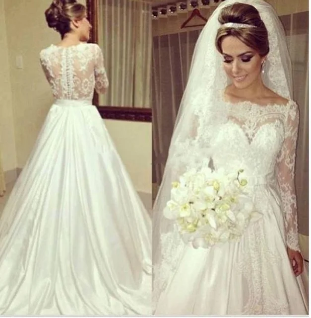 Элегантные Линии Свадебные Платья 2016 Новый Vestido Де Novia Длинные Рукава Boat Neck