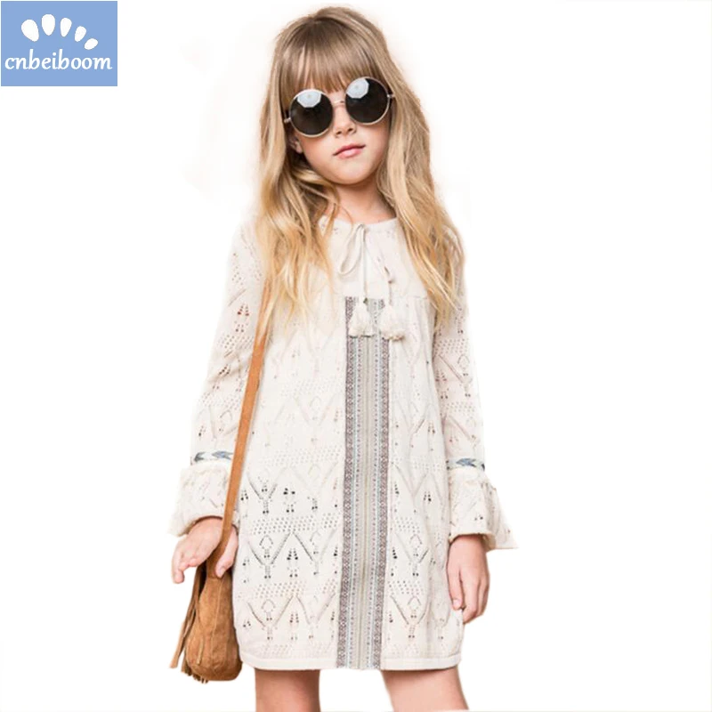 Fashion Girl Dress Knitted Fringed Lacing Hollow Horn Long Sleeve