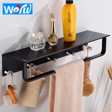 Bathroom Shelves with 5 Hooks Aluminum Black Bathroom Shelf Corner Shelf Storage Rack Wall Mounted Single Towel Bar Holder free shipping ciencia triangle black corner caddy bathroom shelf with hooks wall mounted kitchen storage with nail free glue