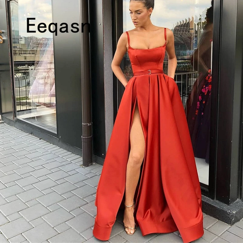 

Elegant Red Evening Dresses Long 2018 Satin Strapless Slit African Formal Evening Gown with Pockets Prom Dress Abendkleider