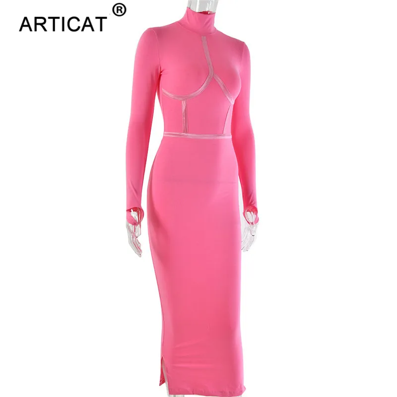 Articat, хлопковое сексуальное Бандажное длинное платье с высокой горловиной, женское облегающее летнее платье-карандаш с длинным рукавом,, Клубное вечернее платье vestidos