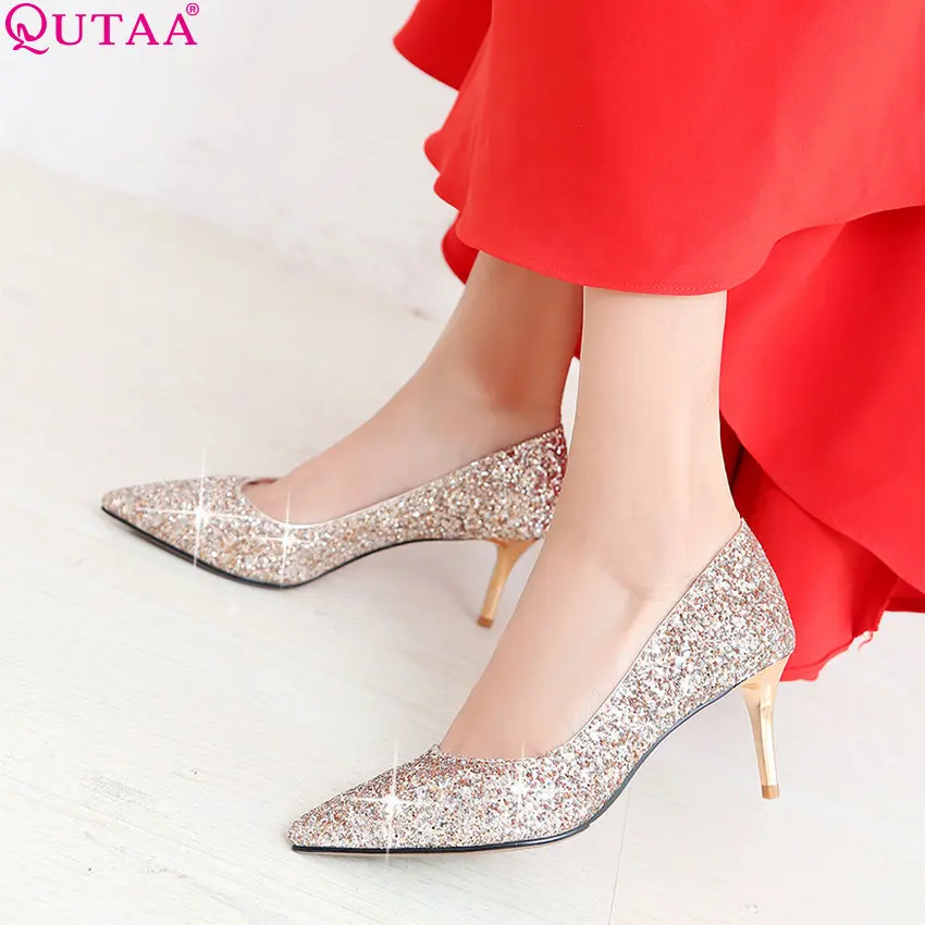 

QUTAA 2019 New Wedding Shoes Women Pumps Fashion Slip on Bling Pointed Toe Sext Thin High Heel Ladies Wedding Pumps Size 34-43