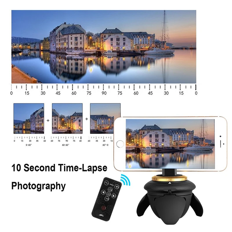 

Mini Electric Panorama Head 360-degree Rotating Time Lapse Tripod Head Adapter for iPhone Samsung GoPro Cameras Micro SLR