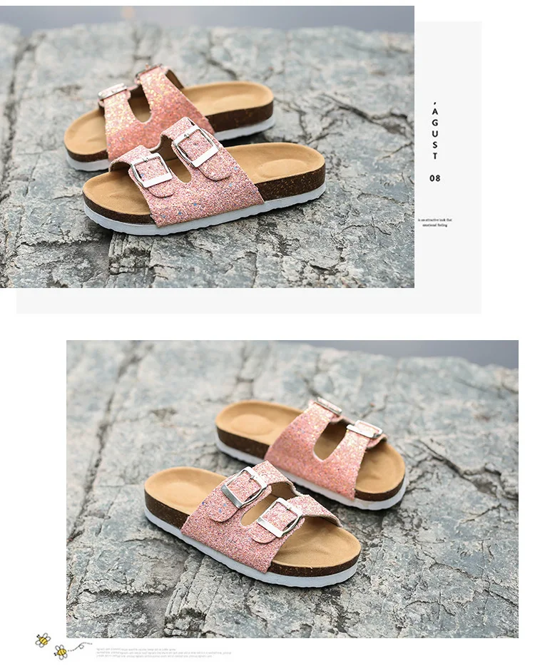 Новые детские тапочки летние пляжные детские пробковые сандалии шикарные Блестки для семьи обувь Леопард босиком на плоской подошве для девочки Тапочки