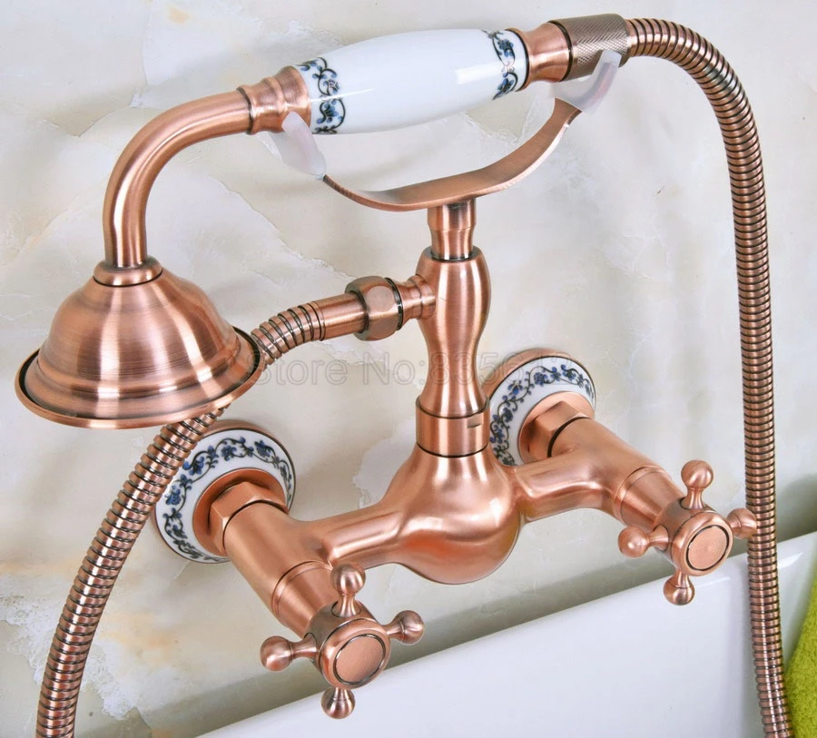 

Antique Red Copper Wall Mounted Bathroom Shower Faucet Telephone Bath Bathtub Faucets with Hand Shower Tap tna332