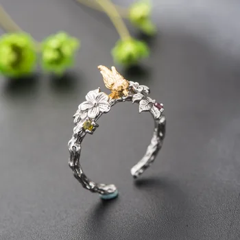 

Retro Thai Silver New Women's Ring Diy Mosaic Tourmaline S925 Sterling Silver Jewelry Bird Open Ended Ring Jewelry Wholesale