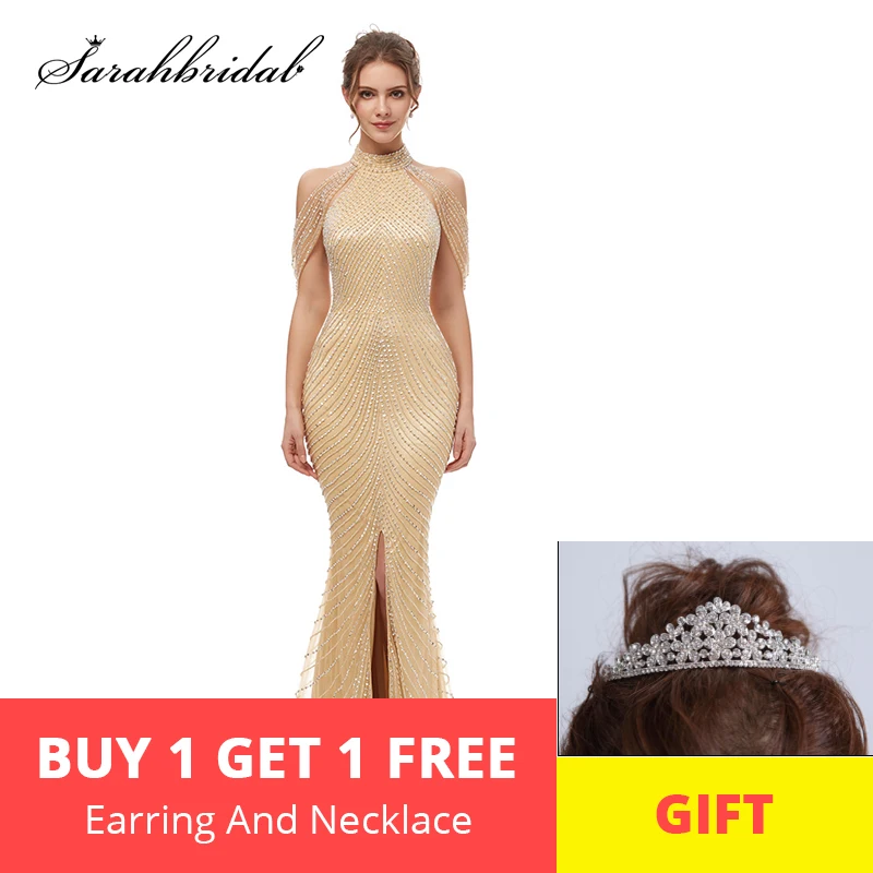 

High Quality Mermaid Evening Dress New Arrival Halter With Wrap Major Beading Front Split Zipper Luxurious Prom Dress CC5402