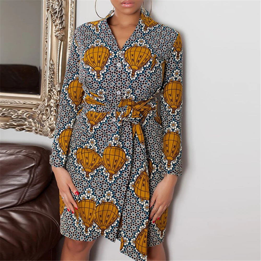 BAIBAZIN Новые африканские платья для женщин v-образным вырезом печати талии ремень платье с длинными рукавами женские Нерегулярные платье средней длины