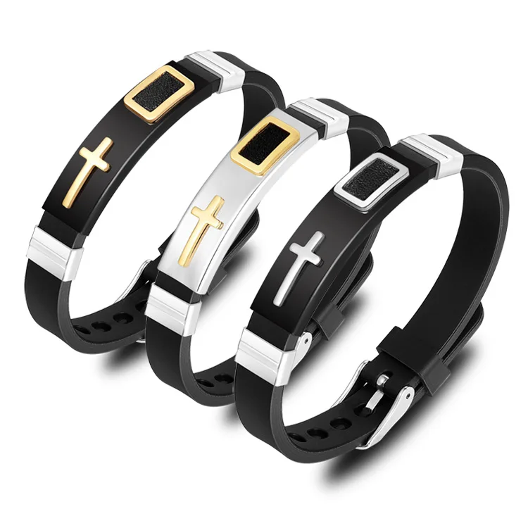 

Stainless Steel Cross Silicone Watch Band Design Christ Cross Men Women Casual Bangle Bracelet Jewelry Adjustable Length