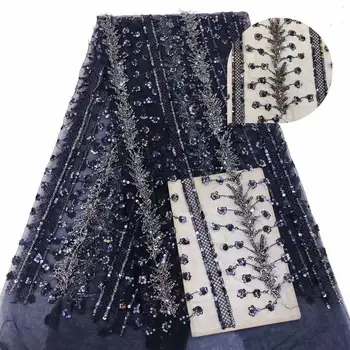

2019 High Quality Sequined 3D Flowers Lace Fabric African Tulle Lace Fabric Royal Blue Gold Line French Lace Fabrics For Wedding