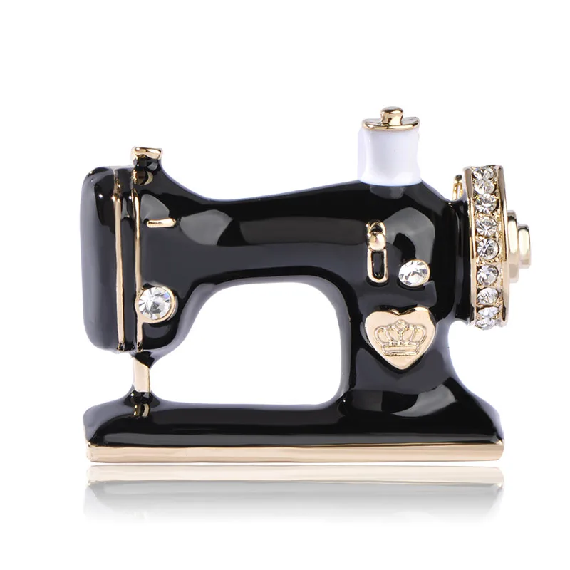 

Blucome Black Enamel Sewing Machine Brooches For Women Man Gold-Color Crystal Broches Pins Dress Collar Clips Decoration Jewelry