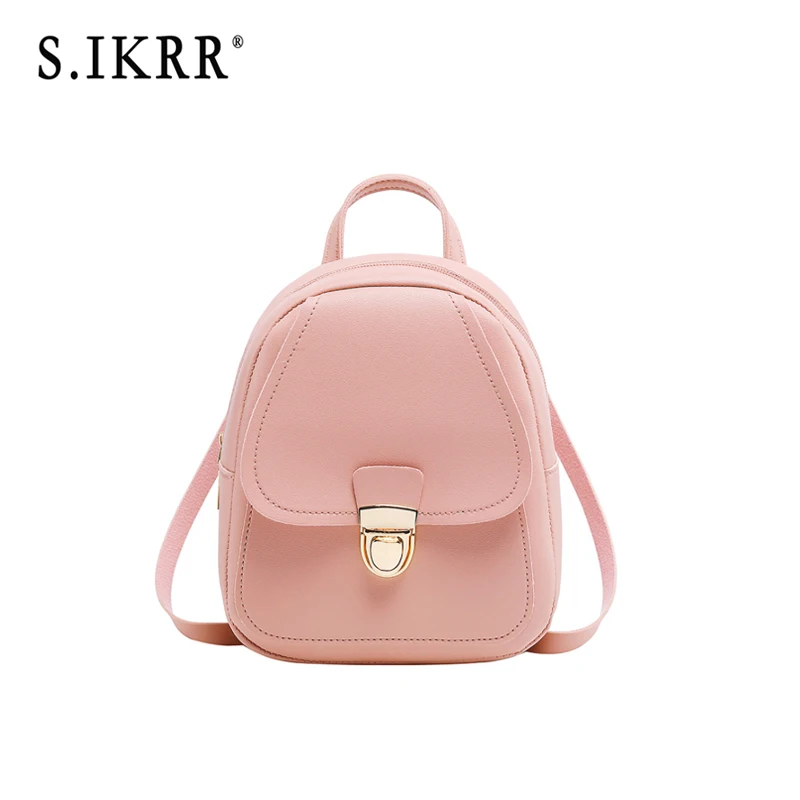 S.IKRR Women PU Small Backpack Waterproof New Brand Designer Shoulder Bag Female Daypack Travel bags Solid Mini Casual Bags - Цвет: Розовый