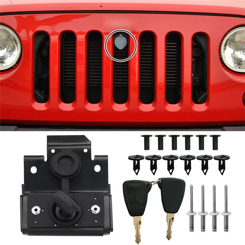 

New High Quality Security Hood Lock Set Kit Engine Anti-Theft Assembly Durable Fit For Jeep Wrangler JK 07-18 With Key#294976