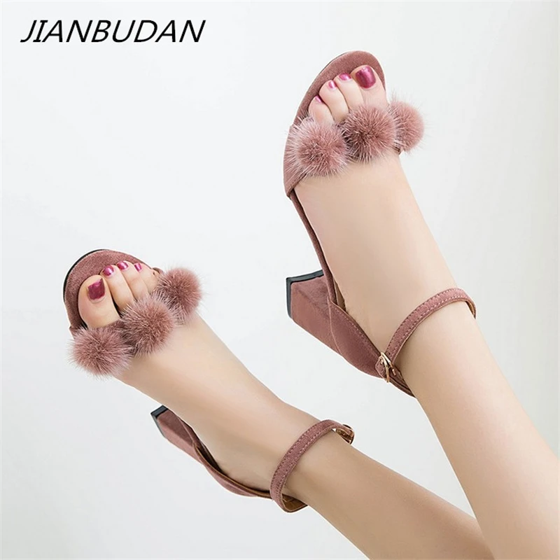 

JIANBUDAN Artificial rabbit fur sexy high heel sandals Women's summer banquet sandals Wedge Open Toe Ankle buckle summer Pumps