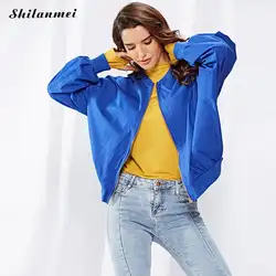 2018 Осенняя мода с длинным рукавом однотонное пальто женские хлопок синий Повседневная куртка с карманом женские свободные пиджаки Пальто