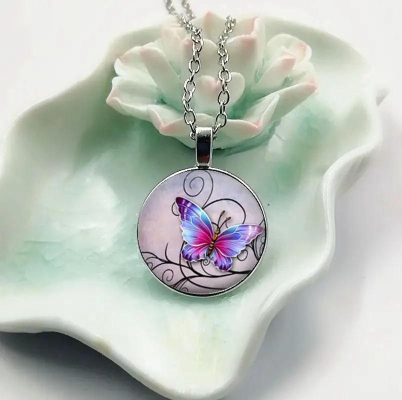 Новинка изысканное фиолетовое ожерелье с подвеской в виде бабочки стеклянное