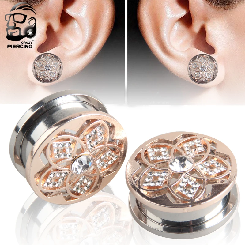 

One Pair Body Piercing Jewelry 316L Stainless Steel Flower Pattern With Crystal Rose Gold Ear Tunnels Ear Plugs Ear Expander